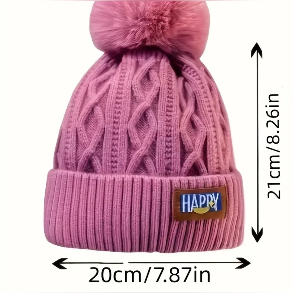 Women's Knitted Winter Hat, with Hair Pompom and "HAPPY" Patch, Warm and Soft